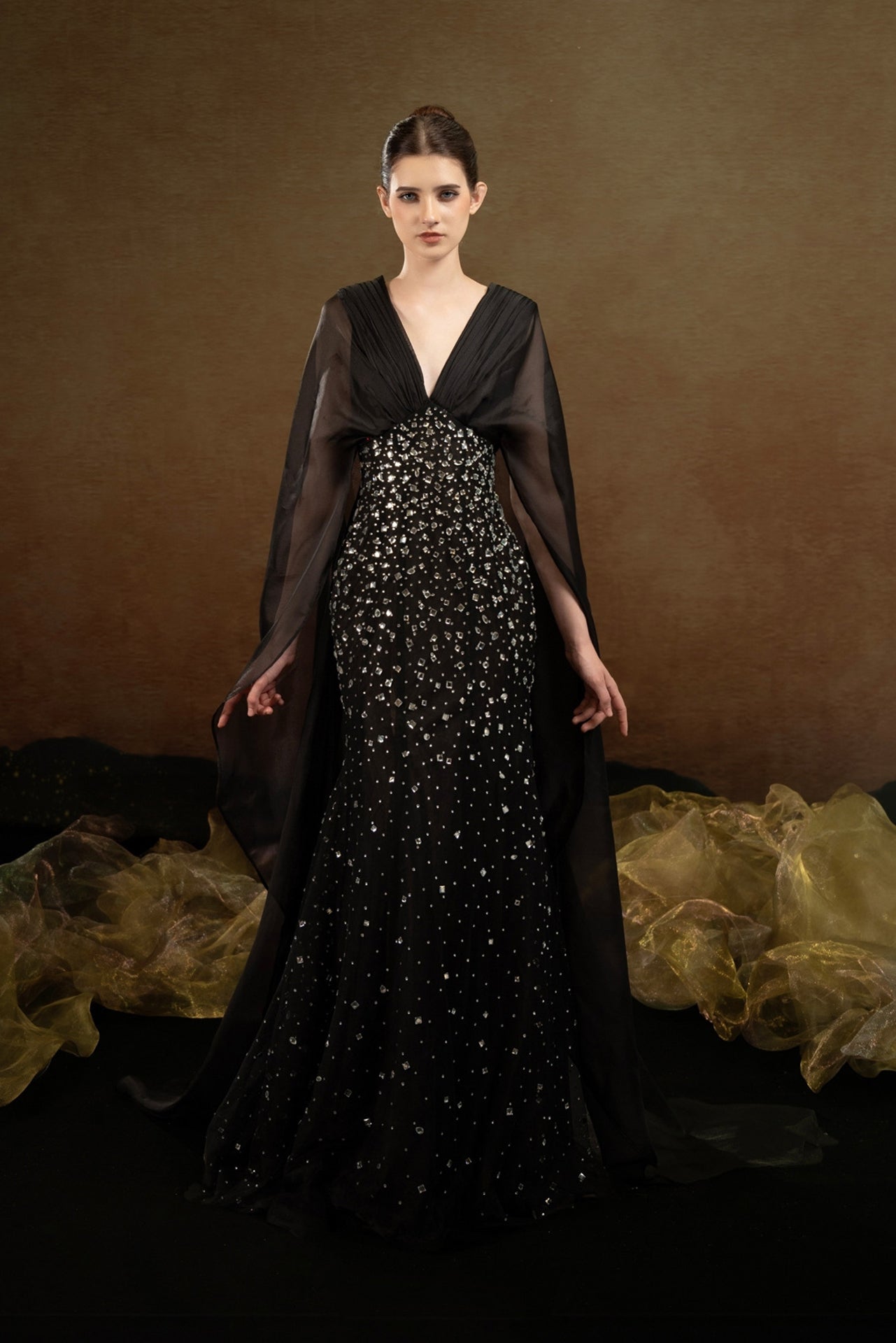 HerTrove-V-Neck Gown with Geometric Embellishments and Sheer Sleeves