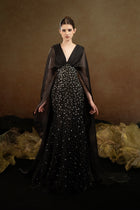 HerTrove-V-Neck Gown with Geometric Embellishments and Sheer Sleeves