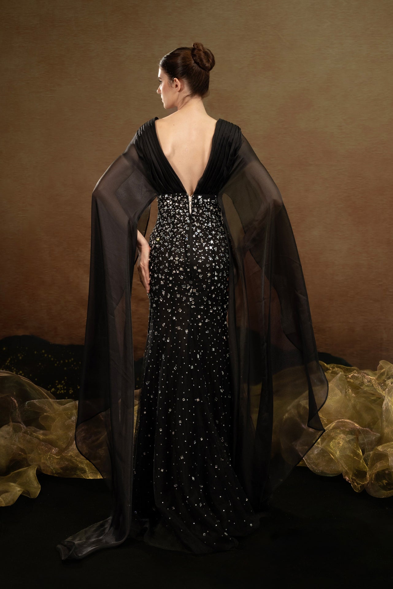 HerTrove-V-Neck Gown with Geometric Embellishments and Sheer Sleeves